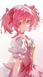  1girl absurdres bow bow_choker bubble_skirt center_frills chest_jewel chinese_commentary choker closed_mouth commentary_request cowboy_shot dress dress_bow eyelashes frilled_dress frilled_sleeves frills gem gloves gradient_background hair_between_eyes hair_bow happy highres kaname_madoka light_smile loose_hair_strand magical_girl mahou_shoujo_madoka_magica mahou_shoujo_madoka_magica_(anime) pink_dress pink_eyes pink_gem pink_hair puffy_short_sleeves puffy_sleeves red_bow red_choker short_dress short_hair short_sleeves short_twintails simple_background skirt skirt_under_dress solo square_neckline standing twintails white_background white_gloves white_skirt white_sleeves yaya_haochi_ya 