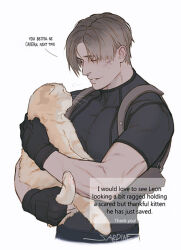  1boy animal black_gloves black_pants black_shirt blonde_hair cat chest_harness closed_eyes commentary_request cropped_legs dirty dirty_face english_text gloves harness holding holding_animal holding_cat leon_s._kennedy looking_at_animal male_focus orange_cat pants parted_bangs parted_hair parted_lips request_inset resident_evil sardine_(kjr0313) shirt shirt_tucked_in short_hair short_sleeves simple_background white_background 