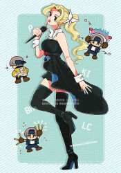  1boy 1girl ahtaso aqua_background bare_shoulders black_boots black_dress blonde_hair blue_headband blue_nails blue_pants blue_vest boots breasts brown_boots brown_gloves butterfly_hair_ornament celes_chere character_print chibi chibi_inset detached_collar dress final_fantasy final_fantasy_vi flying_sweatdrops full_body gloves grey_hair hair_ornament headband holding holding_microphone jacket large_breasts locke_cole microphone nail_polish open_mouth pants ponytail print_jacket shirt singing sparkle thigh_boots twitter_username vest white_shirt white_wrist_cuffs wrist_cuffs 