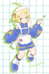  5_inaba apron blonde_hair blue_jacket blue_shoes blue_shorts commentary_request detached_sleeves emil_castagnier gold_trim green_eyes grid_background hair_ornament hairclip half-heart_hands highres jacket jersey_maid light_blush looking_at_viewer loose_socks maid maid_apron maid_headdress shoes shorts sneakers socks tales_of_(series) tales_of_symphonia tales_of_symphonia_knight_of_ratatosk track_jacket twitter_username unconventional_maid white_background 