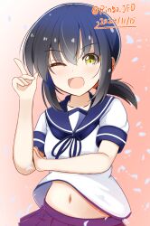  1girl :d ;d black_eyes blue_neckerchief blue_sailor_collar blue_skirt commentary_request dated fubuki_(kancolle) gradient_background highres index_finger_raised kantai_collection navel neckerchief one-hour_drawing_challenge one_eye_closed open_mouth pink_background pleated_skirt ringo002 sailor_collar sailor_shirt school_uniform serafuku shirt skirt smile solo twitter_username white_shirt yellow_eyes 
