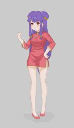  1girl absurdres bell blush bow chinese_clothes dress grey_background hair_bell hair_bow hair_ornament hand_on_own_hip highres long_hair looking_at_viewer microdress purple_hair ranma_1/2 red_dress red_eyes red_shoes shampoo_(ranma_1/2) shoes sidelocks simple_background smile user_dptp7327 yellow_bow 