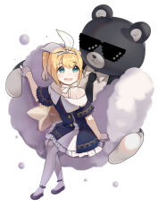  1girl :d absurdres black_jacket black_necktie black_shoes blonde_hair blue_dress choker collared_dress collared_shirt commentary_request dress frilled_dress frills gloves green_eyes grey_gloves hair_ribbon hairband highres jacket juine necktie off-shoulder_dress off_shoulder pantyhose pixel_sunglasses ribbon shirt shoes short_sleeves sitting smile solo stuffed_animal stuffed_toy sunglasses teddy_bear twintails warship_girls_r white_background white_choker white_hairband white_pantyhose white_shirt wide_sleeves z18_hans_ludemann_(warship_girls_r) 