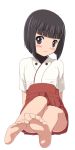  barefoot black_eyes black_hair blunt_bangs blush_stickers bob_cut feet foreshortening inagaki_mami japanese_clothes komakedara military military_uniform perspective short_hair simple_background sitting smile soles strike_witches toes uniform 