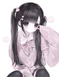  1girl between_legs bi_(itsrainyuptown) black_eyes black_hair black_thighhighs blush bow bowtie buttons cardigan character_hair_ornament closed_mouth collared_shirt commentary diagonal-striped_bow diagonal-striped_bowtie diagonal-striped_clothes dot_nose ear_piercing eyelashes food hair_ornament hand_between_own_legs heart heart_hair_ornament heart_piercing highres inward_v kamaboko my_melody my_melody_(series) narutomaki original parted_bangs piercing pink_bow pink_bowtie pink_cardigan pixel_heart sanrio school_uniform shirt simple_background sitting sleeves_past_wrists solo striped_bow striped_bowtie striped_clothes thigh-highs twintails untranslatable_commentary v white_background white_shirt 