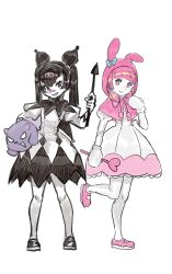  2girls animal_hood arrow_(projectile) baku_(sanrio) bandaid bandaid_on_face bandaid_on_nose black_hair black_shoes blunt_bangs capelet commentary_request dancho_no_mori dress grin heart_wand highres holding holding_arrow holding_wand hood hood_up hooded_capelet humanization juliet_sleeves kuromi leg_up long_sleeves mary_janes mittens multiple_girls my_melody my_melody_(series) pink_capelet pink_eyes pink_hair pink_shoes puffy_sleeves rabbit_hood sanrio shoes short_twintails simple_background smile standing standing_on_one_leg twintails v-bangs wand white_background white_mittens 