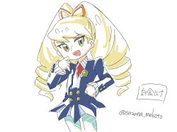  1girl artist_name blonde_hair blue_dress blue_pantyhose bow commentary_request dress drill_hair green_eyes hair_bow hand_on_own_hip highres luna_platz_(mega_man) mega_man_(series) mega_man_star_force_(series) open_mouth orange_bow pantyhose sazana_makoto simple_background smile striped_clothes striped_pantyhose twin_drills white_background 