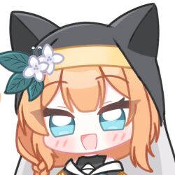  1girl animal_ear_fluff animal_ear_headwear animal_ears black_veil blue_archive blue_eyes blush cat_ears chibi chibi_only flower hair_flower hair_ornament halo highres looking_at_viewer mari_(blue_archive) moka_chino nun open_mouth orange_hair simple_background sisterhood_(blue_archive) smile solo veil white_background yellow_halo 