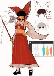  1girl absurdres ascot bow brown_eyes brown_hair chest_sarashi commentary crop_top detached_sleeves english_commentary english_text frilled_bow frilled_hair_tubes frills hair_bow hair_tubes hakurei_reimu highres lithodryas long_hair midriff multiple_views navel official_art_inset red_bow red_skirt ribbon-trimmed_sleeves ribbon_trim sarashi screenshot_inset skirt skirt_set squiggle touhou twitter_screenshot yellow_ascot 