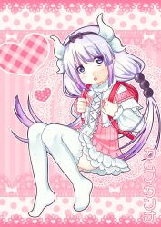  1girl backpack bag beads blue_eyes bow bow_hairband capelet center_frills dragon_girl dragon_horns frilled_capelet frills full_body fur_collar hair_beads hair_ornament hairband heart highres horns kanna_kamui kobayashi-san_chi_no_maidragon long_sleeves low_twintails mugi_(mugi44i) no_shoes pink_sleeves puffy_long_sleeves puffy_sleeves purple_bow purple_hair purple_hairband randoseru solo thigh-highs twintails white_capelet white_thighhighs 
