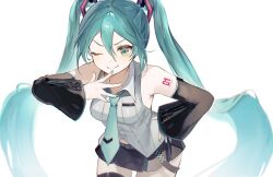  1girl aqua_eyes aqua_hair aqua_nails aqua_necktie black_skirt black_sleeves breasts closed_mouth collared_shirt commentary_request detached_sleeves fingernails grey_shirt hair_between_eyes hatsune_miku highres long_hair looking_at_viewer necktie shirt simple_background skirt sleeveless sleeveless_shirt smile solo t0klma twintails v-shaped_eyebrows very_long_hair vocaloid white_background 