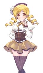  1girl blonde_hair blush brown_corset brown_hat brown_thighhighs closed_mouth commentary_request corset detached_sleeves drill_hair feet_out_of_frame hat highres long_hair looking_at_viewer magical_girl mahou_shoujo_madoka_magica mahou_shoujo_madoka_magica_(anime) miniskirt neck_ribbon puffy_short_sleeves puffy_sleeves ribbon ruru_(rurumagi) shirt short_sleeves simple_background skirt smile solo standing striped_clothes striped_thighhighs thigh-highs tomoe_mami tomoe_mami_(magical_girl) twin_drills vertical-striped_clothes vertical-striped_thighhighs white_background white_shirt white_sleeves yellow_eyes yellow_ribbon yellow_skirt zettai_ryouiki 