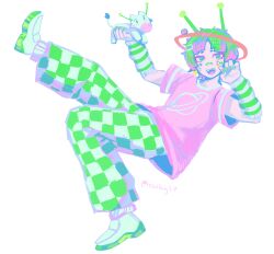  1other absurdres alien antennae arm_warmers artist_name bandaid bandaid_on_face bandaid_on_nose checkered_clothes checkered_pants colored_skin cow green_eyes green_nails grey_hair highres holding holding_stuffed_toy indie_virtual_youtuber multicolored_hair pants pink_hair pink_shirt pink_skin polygon_donut print_shirt reddbug27 shirt shoes short_hair sneakers solo sticker sticker_on_face striped_arm_warmers stuffed_cow stuffed_toy twitter_username two-tone_hair white_background white_shoes 