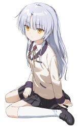  1girl angel_beats! black_shoes black_skirt blazer collared_shirt expressionless hand_on_own_leg highres jacket kneehighs long_hair looking_at_viewer parted_bangs pleated_skirt ribbon saang2cm school_uniform shirt shoes skirt sleeve_cuffs socks solo tachibana_kanade white_background white_hair white_shirt white_socks yellow_eyes yellow_ribbon 