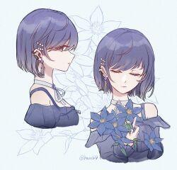  1girl alternate_hair_length_(shorter) artist_name aruno03533627 asahina_mafuyu bare_shoulders black_shirt blue_background blue_flower breasts choker closed_eyes closed_mouth commentary cropped_torso ear_piercing earrings empty_eyes expressionless flower frilled_sleeves frills from_side gem hair_ornament hairclip highres into_the_new_light_(project_sekai) jewelry lips long_sleeves looking_at_viewer medium_breasts multiple_views off-shoulder_shirt off_shoulder official_alternate_costume official_alternate_hairstyle parallel_hairclips parted_lips pearl_(gemstone) piercing profile project_sekai purple_gem purple_hair ribbon ribbon_choker shirt short_hair simple_background u_u white_choker white_ribbon 