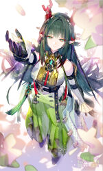  1girl absurdres arknights arknights:_endfield arm_up artist_name black_gloves black_hair black_sleeves closed_mouth commentary detached_sleeves dreadfulgreen dress falling_petals full_body gloves green_dress green_eyes hair_ornament highres horns long_dress long_hair long_sleeves outstretched_arm petals pointy_ears red_horns sleeveless sleeveless_dress solo standing white_dress white_sleeves zhuang_fangyi_(arknights) 