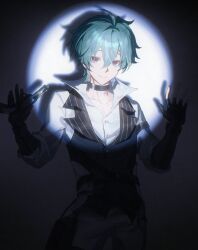  1boy arm_belt arms_up belt black_belt black_choker black_vest blue_hair choker closed_mouth collared_shirt commentary double-parted_bangs genshin_impact hair_between_eyes highres holding holding_weapon lapels lohen_(genshin_impact) lohen_(standardized_test)_(genshin_impact) looking_at_viewer male_focus notched_lapels official_alternate_costume open_collar pants pinstripe_pattern pinstripe_vest shirt smile solo spotlight standing vest weapon white_pants white_shirt yue0937227692 
