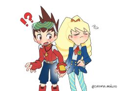  !? 1boy 1girl artist_name blonde_hair blue_dress blue_pantyhose blush bow brown_eyes brown_hair closed_eyes commentary_request dress drill_hair eyewear_on_head fingerless_gloves flying_sweatdrops geo_stelar_(mega_man) gloves hair_bow hand_on_own_hip highres holding_hands jewelry long_hair luna_platz_(mega_man) mega_man_(series) mega_man_star_force_(series) mega_man_star_force_3 necklace orange_bow pantyhose sazana_makoto simple_background striped_clothes striped_pantyhose twin_drills very_long_hair white_background 