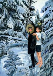  2boys angel angel_wings barefoot black_jacket commentary_request fur-trimmed_hood fur_trim halo hands_on_another's_shoulders highres hood hood_up hooded_jacket jacket looking_at_viewer male_focus minahamu multiple_boys original outdoors snow traditional_halo tree wings winter 