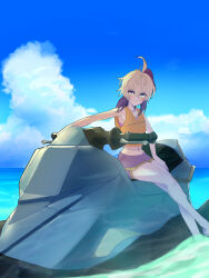  1girl ahoge androgynous backlighting blue_sky clouds commentary flower_(gynoid_talk) flower_(vocaloid) gynoid_talk highres jet_ski kokodoko_(g_kkdk) life_vest medium_hair midriff multicolored_hair navel no_mouth ocean on_jet_ski outdoors purple_shorts shorts sitting sky soaking_feet solo streaked_hair violet_eyes vocaloid watercraft white_hair 