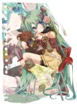  arm_warmers belt chair footwear green_eyes green_hair hair_ribbon hatsune_miku headphones hekicha highres jewelry kneehighs leg_warmers long_hair ribbon ring sitting socks solo stuffed_animal stuffed_toy teddy_bear twintails very_long_hair vocaloid zoom_layer 