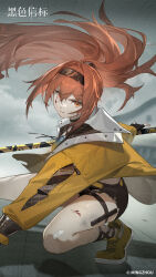  1girl absurdres bandaid bandaid_on_knee bandaid_on_leg black_beacon black_shorts blood blood_on_face closed_mouth copyright_name copyright_notice floating_hair foot_out_of_frame grey_sky highres holding holding_polearm holding_weapon jacket logo long_hair looking_at_viewer official_art official_wallpaper polearm ponytail red_eyes red_hair shoes shorts sky solo squatting v-shaped_eyebrows weapon xin_(black_beacon) yellow_jacket yellow_shoes 