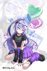  1girl absurdres arm_warmers artist_name balloon bandaid bandaid_on_leg black_boots black_choker black_nails black_socks blush boots choker commentary crop_top drill_hair drill_ponytail eyewear_on_head grey_eyes grey_hair hair_ornament heart_balloon highres honkai:_star_rail honkai_(series) kiring_xox leg_warmers looking_at_viewer ponytail purple_skirt silver_wolf_(honkai:_star_rail) silver_wolf_(lv.999)_(honkai:_star_rail) sitting skirt socks sunglasses tinted_eyewear untranslatable_commentary wariza 