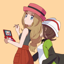  2girls asatsuki_(fgfff) brown_hair closed_mouth commentary_request eyelashes from_side green_jacket grey_eyes handheld_game_console harmony_(pokemon) hat holding holding_handheld_game_console holding_stylus jacket long_hair looking_to_the_side multiple_girls nintendo_3ds open_clothes open_jacket pink_hat pleated_skirt pokemon pokemon_legends:_z-a pokemon_x_and_y red_skirt serena_(pokemon) shirt simple_background skirt sleeveless sleeveless_shirt stylus white_hat white_shirt 