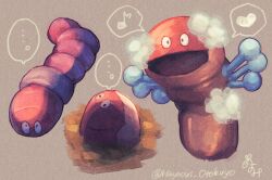  ... buried closed_mouth commentary_request grey_background hayaoki_otokuyo heart highres musical_note no_humans open_mouth orthworm pokemon pokemon_(creature) pokemon_focus signature simple_background smile soap_bubbles speech_bubble spoken_ellipsis spoken_heart spoken_musical_note twitter_username 