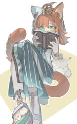  1girl 2ho absurdres ahoge animal_ears arknights book cat cat_ears cat_girl cat_tail commentary_request dress feet green_dress green_eyes highres holding holding_book hood hood_up knees_up korean_commentary long_dress looking_to_the_side medium_hair open_book orange_hair orange_nails papyrus_(arknights) sandals sitting tail tail_ornament tail_ring toes white_background white_dress white_hood 
