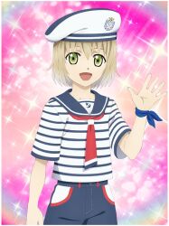  1boy artist_request blonde_hair blue_hat blue_ribbon blue_shirt blue_shorts commentary cowboy_shot english_commentary game_asset green_eyes hat laphicet_(marine)_(tales) laphicet_(tales) looking_at_viewer male_focus multicolored_hair multicolored_hat multicolored_shirt official_alternate_costume official_art open_mouth ribbon sailor_collar sailor_hat sailor_shirt shirt short_hair shorts smile solo standing streaked_hair tales_of_(series) tales_of_berseria tales_of_festival_2018 tales_of_the_rays third-party_source waving white_hat white_shirt white_streaks 