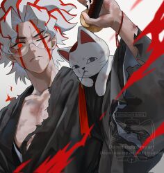  1boy black_kimono black_nails cat commentary dandadan facial_mark furrowed_brow glasses highres holding holding_sword holding_weapon japanese_clothes katana kimono looking_at_viewer male_focus mouth_hold multicolored_hair one_eye_closed parted_bangs parted_lips red_eyes red_hair round_eyewear short_hair stalk_in_mouth streaked_hair sword takakura_ken_(dandadan) takakura_ken_(transformed)_(dandadan) turbo_granny_(dandadan) twitter_username untranslatable_commentary wavy_hair weapon white_background white_hair wolf6481 