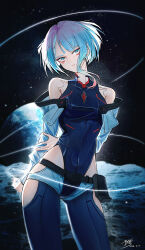 1girl :o absurdres arms_behind_back asymmetrical_bangs bare_shoulders belt belt_pouch black_bodysuit blue_eyes blue_hair bodysuit chinese_commentary clothing_cutout commentary_request covered_collarbone covered_navel cowboy_shot cyberpunk:_edgerunners cyberpunk_(series) dated earth_(planet) eyeliner gradient_hair highres hip_vent jacket looking_at_viewer lucy_(cyberpunk) makeup monowire multicolored_hair off_shoulder on_moon open_clothes open_jacket outdoors parted_lips pink_hair planet pouch red_eyeliner short_hair signature skin_seams sleeveless sleeveless_bodysuit solo space star_(sky) white_jacket yisjhui 