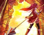  apple bare_shoulders boots detached_sleeves food from_behind fruit glaring highres licamen long_hair magical_girl mahou_shoujo_madoka_magica polearm ponytail profile red_eyes red_hair redhead sakura_kyouko solo spear stained_glass thigh-highs thighhighs weapon 
