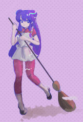  1girl apron bow broom chinese_clothes hair_bow highres holding holding_broom long_hair maid_apron pants purple_background purple_hair ranma_1/2 red_pants red_shirt shampoo_(ranma_1/2) shirt sidelocks smile tenco10555 white_apron 