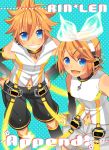 bare_shoulders blonde_hair blush brother_and_sister detached_sleeves from_above geji_(rodents) hair_ornament hair_ribbon hairclip hands_on_hips headphones highres kagamine_len kagamine_len_(append) kagamine_rin kagamine_rin_(append) leg_warmers looking_up nail_polish navel navel_cutout open_mouth popped_collar ribbon short_hair shorts siblings smile twins vocaloid vocaloid_append 