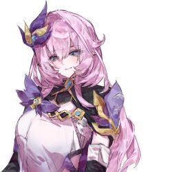  1girl black_shrug breasts commentary corset elf elysia_(honkai_impact) elysia_(miss_pink_elf)_(honkai_impact) hair_ornament highres honkai_(series) honkai_impact_3rd large_breasts long_hair looking_at_viewer pink_hair pointy_ears shrug_(clothing) simple_background smile solo upper_body very_long_hair white_background white_corset xin_ru_zhi-shui 