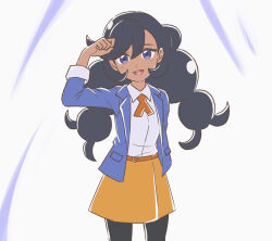  1girl :d asatsuki_(fgfff) belt black_hair black_pantyhose blue_eyes blue_jacket brown_belt collared_shirt commentary_request cowboy_shot emma_(pokemon) eyelashes hair_between_eyes happy jacket long_hair looking_at_viewer open_clothes open_jacket open_mouth orange_skirt pantyhose pokemon pokemon_(anime) pokemon_horizons shirt skirt smile solo teeth upper_teeth_only white_shirt 