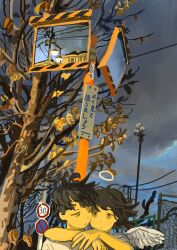  2boys absurdres angel angel_wings black_hair clouds cloudy_sky halo highres hug hug_from_behind looking_at_another male_focus minahamu multiple_boys original power_lines road_sign short_hair sign sky stop_sign traditional_halo tree upper_body wings 