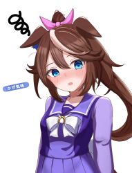  1girl animal_ears blue_eyes blush bow bowtie breasts brown_hair hair_between_eyes highres horse_ears horse_girl long_hair long_sleeves looking_at_viewer mood_(umamusume) multicolored_hair open_mouth pleated_skirt ponytail purple_sailor_collar purple_serafuku purple_shirt purple_skirt sailor_collar sailor_shirt school_uniform serafuku shirt simple_background skirt small_breasts solo squiggle streaked_hair tofu_thunder tokai_teio_(umamusume) tracen_school_uniform two-tone_hair umamusume white_background white_bow white_bowtie white_hair 