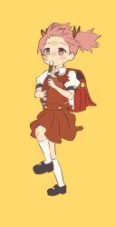  1girl backpack bag bangs_blown_up black_shoes charm_(object) cocoa_(ultra_mdk) collared_shirt commentary_request dress flute hair_ribbon highres holding holding_flute holding_instrument instrument kaname_madoka kneehighs kyoufuu_all_back_(vocaloid) kyubey mahou_shoujo_madoka_magica mahou_shoujo_madoka_magica_(anime) necktie pinafore_dress pink_hair pleated_dress puffy_short_sleeves puffy_sleeves randoseru red_dress red_necktie red_ribbon ribbon shirt shoes short_hair short_sleeves short_twintails simple_background sleeveless sleeveless_dress socks solo standing standing_on_one_leg twintails white_shirt white_socks yellow_background 