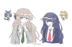  4girls animal_ears black_jacket blazer blue_eyes blue_skirt blush brown_hair cat_ears cat_girl cat_tail collared_shirt commentary_request crossed_arms dog_ears finger_to_mouth green_necktie grey_jacket hair_ornament highres jacket kemonomimi_mode korean_commentary leaf_hair_ornament long_hair looking_at_viewer miyagi_shiori multiple_girls necktie open_mouth red_necktie school_uniform sendai_hazuki shirt showaru_tensai_osananajimi_to_no_shobu_ni_makete_hatsutaiken_wo_zenbu_ubawareru_hanashi shushing shuuniichido_classmate_wo_kau_hanashi simple_background skirt tail twitter_username umezono_komaki violet_eyes wheloo3rd white_background white_shirt yellow_eyes yoshizawa_wakaba 