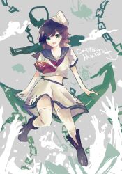 1girl anchor_print black_hair character_name commentary_request full_body green_hair grey_background hat highres looking_at_viewer medium_hair mitsusame murasa_minamitsu sailor_hat skirt solo thigh-highs touhou white_hat white_skirt white_thighhighs 