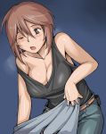  blush breasts brown_eyes brown_hair casual cleavage large_breasts off_shoulder rozen_maiden rozenweapon short_hair souseiseki tank_top taut_shirt wink 