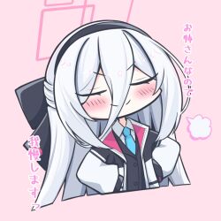  1girl black_hairband blue_archive blue_bow blue_necktie blush bow chibi chibi_only closed_eyes closed_mouth collared_shirt commentary_request cropped_legs double-parted_bangs doyagao facing_viewer hair_between_eyes hair_bow hairband half_updo hands_on_own_hips highres jacket kei_(blue_archive) kei_(student)_(blue_archive) long_hair long_hair_between_eyes long_sleeves necktie open_clothes open_jacket pink_background puff_of_air shirt simple_background smile smug solo split_mouth tanabata_natsuki translation_request u_u upper_body v-shaped_eyebrows very_long_hair white_hair white_jacket white_shirt 
