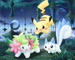  clouds commentary_request dark_cloud distortion_world floating_water_bubble grass looking_at_another no_humans open_mouth pachirisu pemyu pikachu pokemon pokemon_(creature) shaymin shaymin_(land) sky smile 