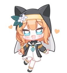  1girl animal_ear_fluff animal_ear_headwear animal_ears black_veil blue_archive blue_eyes blush cat_ears chibi chibi_only flower full_body hair_flower hair_ornament halo highres looking_at_viewer mari_(blue_archive) moka_chino nun open_mouth orange_hair simple_background sisterhood_(blue_archive) smile solo standing standing_on_one_leg veil white_background yellow_halo 