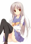  black_thighhighs blush futami_shion kuwashima_rein long_hair memories_off memories_off_2nd open_mouth panties red_eyes school_uniform silver_hair sitting skirt solo thigh-highs thighhighs underwear white_panties 