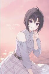  1girl a1001047591 antenna_hair belt black_belt black_eyes black_hair blurry blurry_background clothing_cutout evening floral_print floral_print_shirt grin hand_up happy_birthday highres idolmaster idolmaster_(classic) idolmaster_million_live! idolmaster_million_live!_theater_days kikuchi_makoto kikuchi_makoto_(private_dress) leaning_forward looking_at_viewer ocean official_alternate_costume outdoors plaid_clothes plaid_skirt print_shirt shirt short_hair shoulder_cutout skirt smile solo 