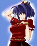  alternate_hairstyle blush breasts bust frown hair_ornament hand_in_hair hand_on_own_chest hand_to_chest kasukazu large_breasts leaf ponytail purple_hair red_eyes rope short_hair solo stare touhou yasaka_kanako 